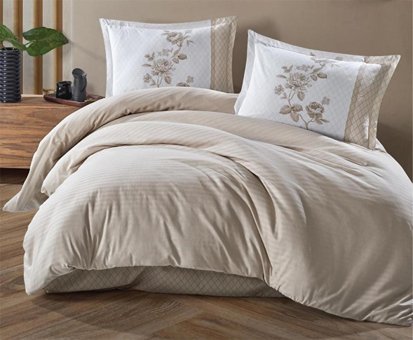 Nevresim Dünyası Ranforce Dört Mevsim 200 x 220 cm Çizgili Çift Kişilik Nevresim Takımı Bej