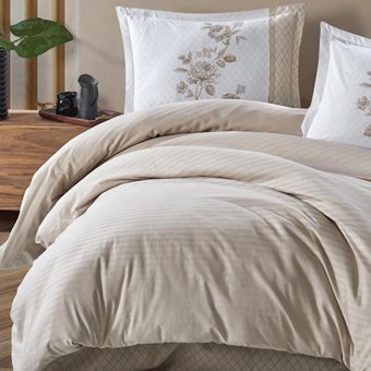 Nevresim Dünyası Ranforce Dört Mevsim 200 x 220 cm Çizgili Çift Kişilik Nevresim Takımı Bej