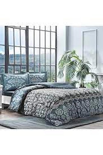 Taç Saten Dört Mevsim 200 x 220 cm Çizgili Çift Kişilik Nevresim Takımı Mavi