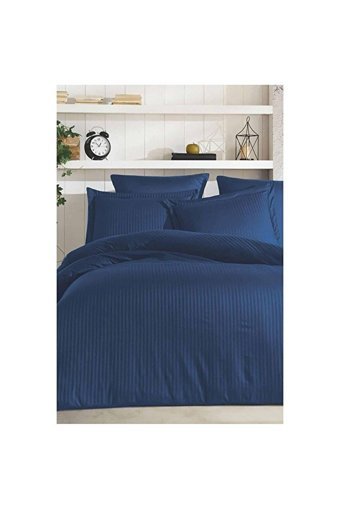Mulberry Pamuk Saten Dört Mevsim 200 x 220 cm Çizgili Çift Kişilik Nevresim Takımı Lacivert