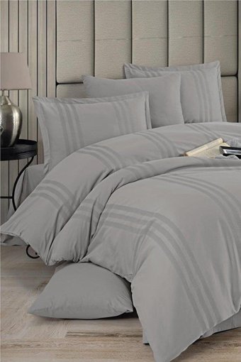 Clasy Ranforce Dört Mevsim 200 x 220 cm Şeritli Çift Kişilik Nevresim Takımı Gri