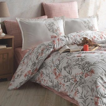 Clasy Ranforce Dört Mevsim 200 x 220 cm Yaprak Çift Kişilik Nevresim Takımı Pudra