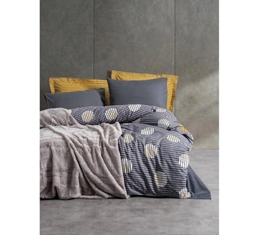 Cotton Box Ranforce Kışlık 200 x 220 cm Battaniyeli Çizgili Çift Kişilik Nevresim Takımı Gri