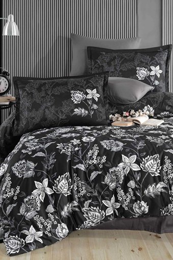 Clasy Ranforce Dört Mevsim 200 x 220 cm Çiçekli Çift Kişilik Nevresim Takımı Antrasit