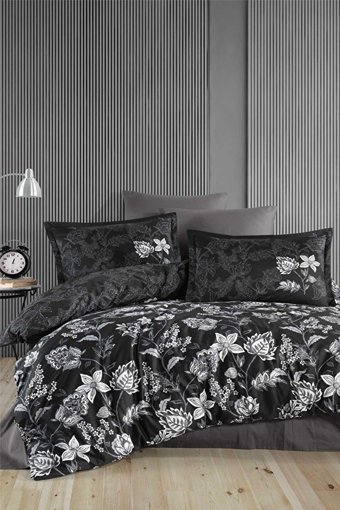 Clasy Ranforce Dört Mevsim 200 x 220 cm Çiçekli Çift Kişilik Nevresim Takımı Antrasit