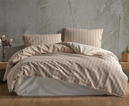 Clasy Pamuk Dört Mevsim 200 x 220 cm Çizgili Çift Kişilik Nevresim Takımı Bej