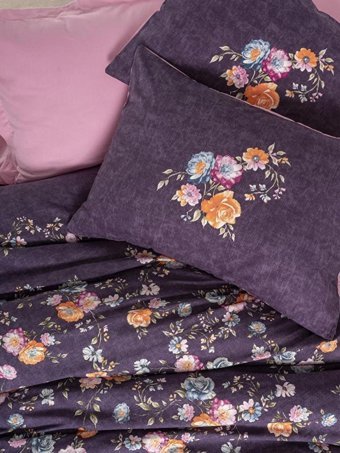 Cotton Box Pamuk Dört Mevsim 200 x 220 cm Çiçekli Çift Kişilik Nevresim Takımı Mor