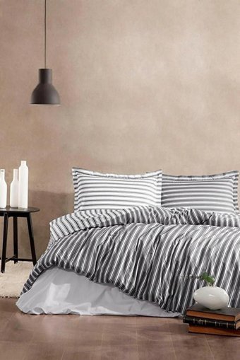 Nevresim Dünyası Ranforce Kışlık 200 x 220 cm Çizgili Çift Kişilik Nevresim Takımı Antrasit