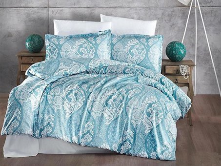 Clasy Pamuk Saten Dört Mevsim 200 x 220 cm Şal Desen Çift Kişilik Nevresim Takımı Turkuaz