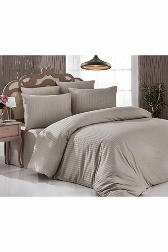 Mira Home Saten Dört Mevsim 190 x 220 cm Çizgili Çift Kişilik Nevresim Takımı Kahverengi