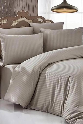 Mira Home Saten Dört Mevsim 190 x 220 cm Çizgili Çift Kişilik Nevresim Takımı Kahverengi