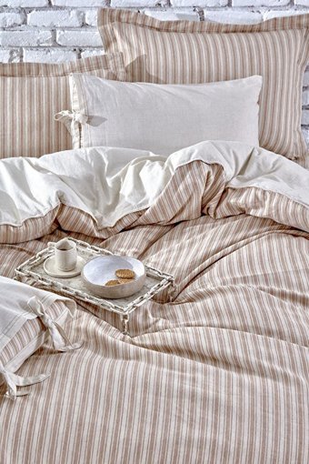 Ecocotton Keten Pamuk Dört Mevsim 200 x 220 cm Çizgili Çift Kişilik Nevresim Takımı Kiremit