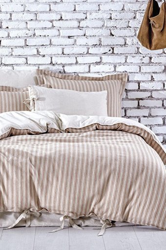Ecocotton Keten Pamuk Dört Mevsim 200 x 220 cm Çizgili Çift Kişilik Nevresim Takımı Kiremit