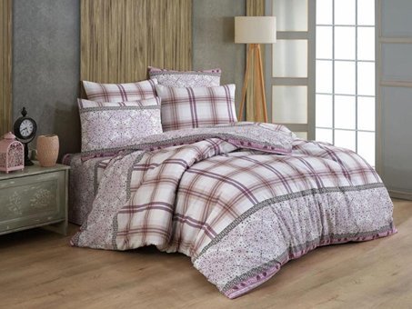 Çeyiz Diyarı Ranforce Dört Mevsim 195 x 220 cm Ekoseli Çift Kişilik Nevresim Takımı Lila