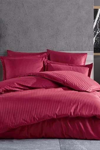 Mira Home Saten Dört Mevsim 190 x 220 cm Çizgili Çift Kişilik Nevresim Takımı Bordo
