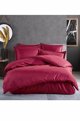 Mira Home Saten Dört Mevsim 190 x 220 cm Çizgili Çift Kişilik Nevresim Takımı Bordo