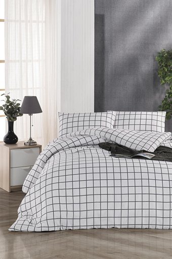 Tabu Home Pamuk Polyester Dört Mevsim 200 x 220 cm Ekoseli Çift Kişilik Nevresim Takımı Beyaz