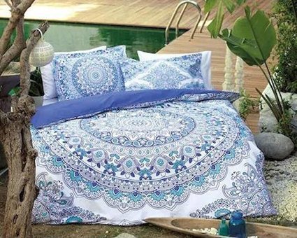 Özdilek Pamuk Kışlık 200 x 220 cm Etnik Çift Kişilik Nevresim Takımı Beyaz Mavi