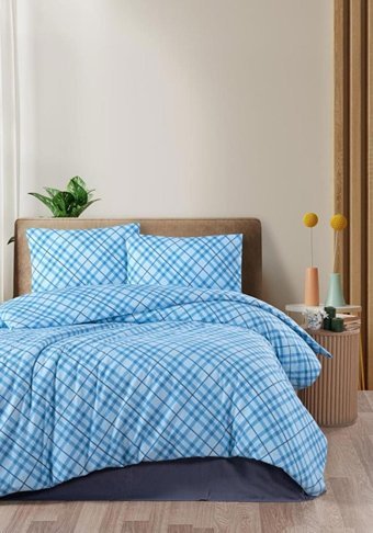Mulberry Pamuk Kışlık 200 x 220 cm Ekoseli Çift Kişilik Nevresim Takımı Mavi