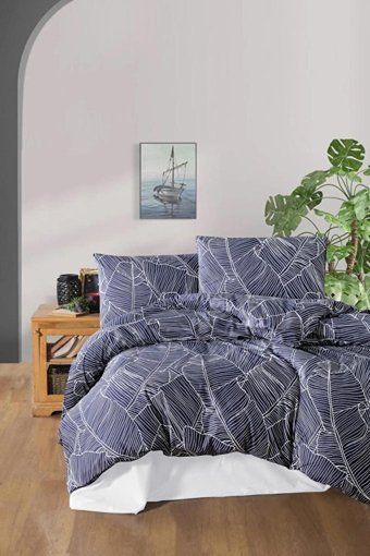 Mulberry Ranforce Dört Mevsim 200 x 220 cm Çizgi Yaprak Çift Kişilik Nevresim Takımı Lacivert
