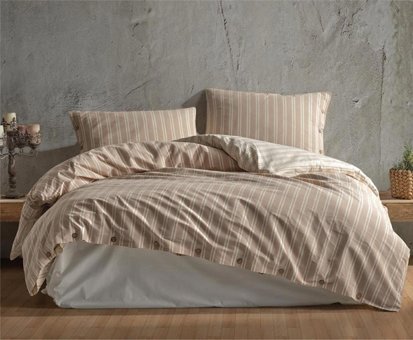 Nevresim Dünyası Pamuk Dört Mevsim 200 x 220 cm Çizgili Çift Kişilik Nevresim Takımı Bej