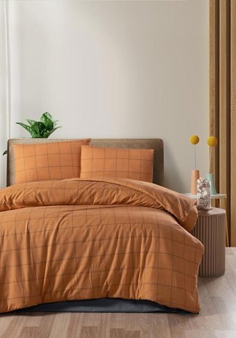 Mulberry Pamuk Kışlık 200 x 220 cm Kareli Çift Kişilik Nevresim Takımı Turuncu