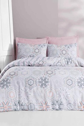 Luxart Pamuk Dört Mevsim 200 x 220 cm Lastikli Geometrik Çift Kişilik Nevresim Takımı Pembe