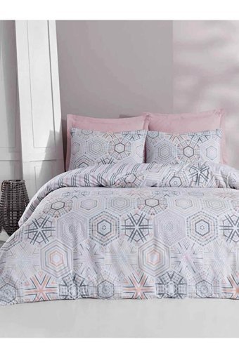 Luxart Pamuk Dört Mevsim 200 x 220 cm Lastikli Geometrik Çift Kişilik Nevresim Takımı Pembe