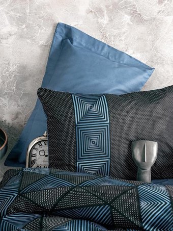 Cotton Box Pamuk Dört Mevsim 200 x 220 cm Ekoseli Çift Kişilik Nevresim Takımı Mavi Siyah