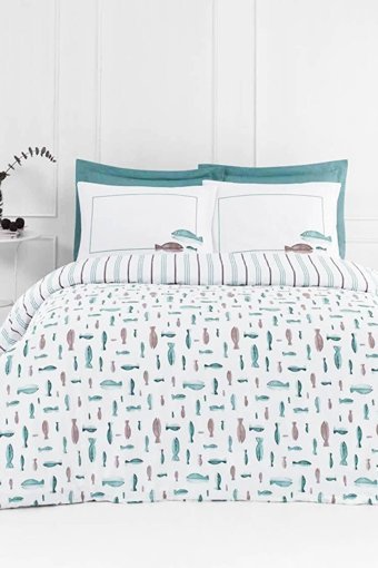 Luxart Pamuk Dört Mevsim 200 x 220 cm Lastikli Balık Çift Kişilik Nevresim Takımı Bordo Yeşil