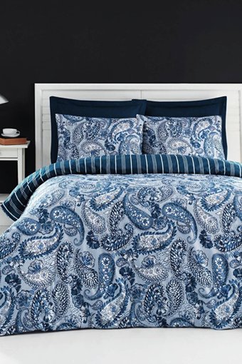 Luxart Pamuk Dört Mevsim 200 x 220 cm Lastikli Şal Desen Çift Kişilik Nevresim Takımı Lacivert