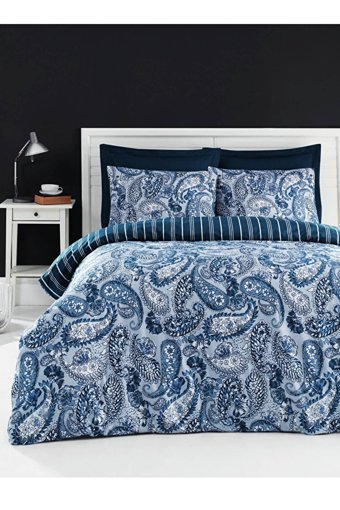 Luxart Pamuk Dört Mevsim 200 x 220 cm Lastikli Şal Desen Çift Kişilik Nevresim Takımı Lacivert
