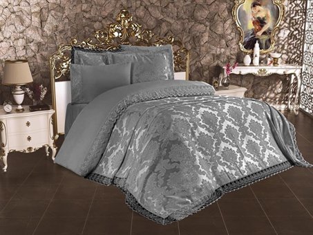 Çeyiz Diyarı Pamuk Saten Dört Mevsim 200 x 220 cm Etnik Çift Kişilik Nevresim Takımı Gri