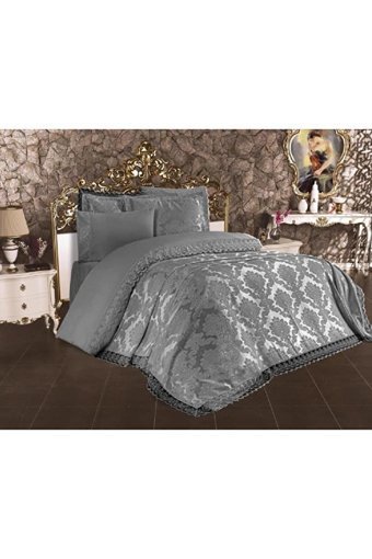 Çeyiz Diyarı Pamuk Saten Dört Mevsim 200 x 220 cm Etnik Çift Kişilik Nevresim Takımı Gri