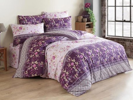 Çeyiz Diyarı Ranforce Dört Mevsim 195 x 220 cm Çiçekli Çift Kişilik Nevresim Takımı Mor