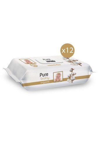 Pure Baby Organik Pamuklu 90 Yaprak 12'li Paket Islak Havlu