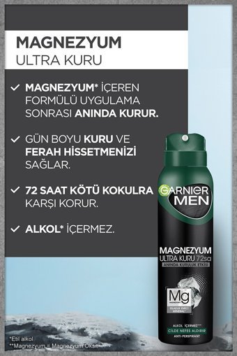 Garnier Magnezyum Ultra Kuru Pudrasız Ter Önleyici Antiperspirant Sprey Erkek Deodorant 150 ml