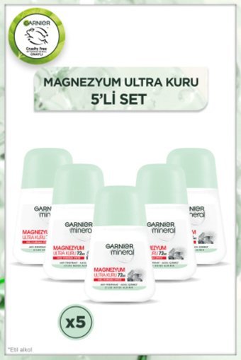 Garnier Mineral Magnezyum Ultra Kuru Pudrasız Ter Önleyici Antiperspirant Roll-On Kadın Deodorant 5x50 ml