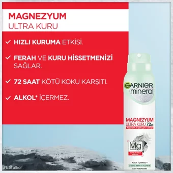 Garnier Mineral Magnezyum Ultra Kuru Pudrasız Ter Önleyici Antiperspirant Sprey Kadın Deodorant 150 ml