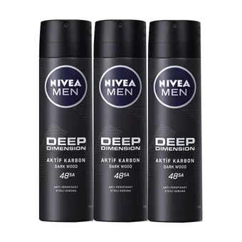 Nivea Deep Dimension Dark Wood Pudrasız Ter Önleyici Antiperspirant Sprey Erkek Deodorant 3x150 ml