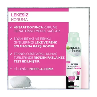 Garnier Mineral Lekesiz Koruma Pudrasız Ter Önleyici Antiperspirant Sprey Kadın Deodorant 150 ml