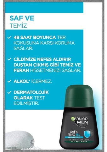 Garnier Saf ve Temiz Pudrasız Ter Önleyici Antiperspirant Roll-On Erkek Deodorant 50 ml