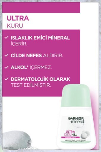 Garnier Mineral Ultra Kuru Pudrasız Ter Önleyici Antiperspirant Roll-On Kadın Deodorant 50 ml
