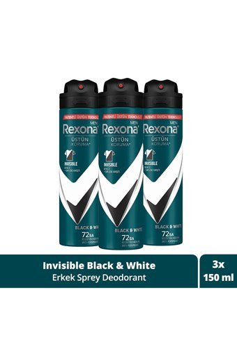 Rexona Üstün Koruma Invisible Black+White Pudrasız Ter Önleyici Antiperspirant Sprey Erkek Deodorant 3x150 ml