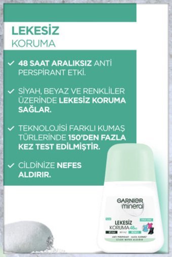 Garnier Mineral Lekesiz Koruma Pudrasız Ter Önleyici Antiperspirant Roll-On Kadın Deodorant 50 ml
