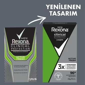 Rexona Clinical Protection Cream Active Fresh Pudrasız Ter Önleyici Antiperspirant Stick Erkek Deodorant 45 ml