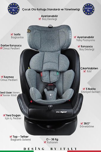 Profix Pro Signal Isofixli-Emniyet Kemerli 360 Derece Dönen 0-36 kg Yatabilen Yükseklik Ayarlı Çift Yönlü Oto Koltuğu Gri Siyah