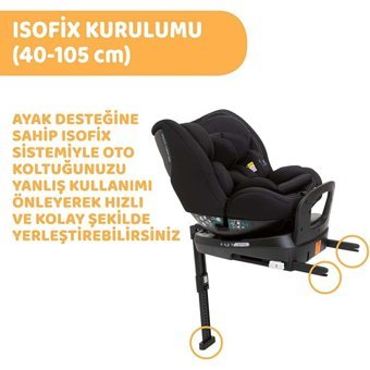 Leva Store Seat3 Fit Emniyet Kemerli 360 Derece Dönen 9-21 kg Yatabilen Yükseklik Ayarlı Çift Yönlü Oto Koltuğu Siyah