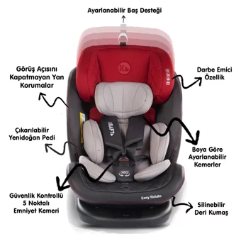 Kraft Easy Rotate Isofixli 360 Derece Dönen 0-36 kg Yatabilen Yükseklik Ayarlı Sürüş Yönü Oto Koltuğu Gri