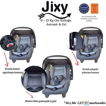 Jixy Hug Isofixli 0-13 kg Yatabilen Yükseklik Ayarlı Sürüş Yönü Tersi Oto Koltuğu Gri